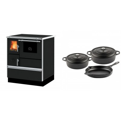 Set Küchenofen Alfa Plam Dominant 70, 6.3kW + Gusseisen Topf Set aus 3 teilen Solagio, Black Onyx - Kaminofen - Holzofen mit Backfach