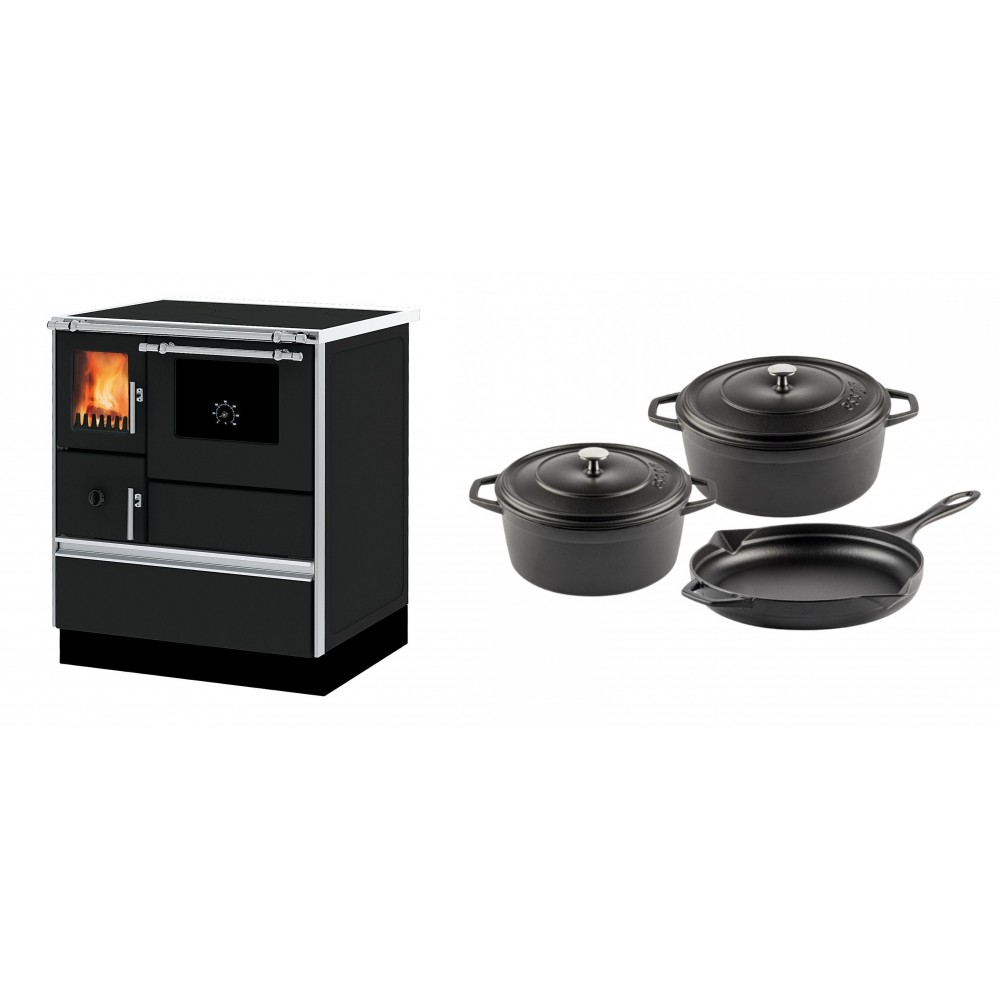 Set Küchenofen Alfa Plam Dominant 70, 6.3kW + Gusseisen Topf Set aus 3 teilen Solagio, Black Onyx