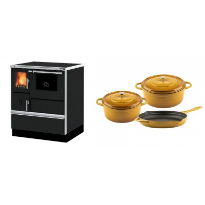 Set Küchenofen Alfa Plam Dominant 70, 6.3kW + Gusseisen Topf Set aus 3 teilen Solagio, Dijon - Kaminofen - Holzofen mit Backfach