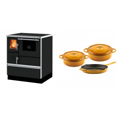 Set Küchenofen Alfa Plam Dominant 70, 6.3kW + Gusseisen Topf Set aus 3 teilen Solagio, Dijon - Kaminofen - Holzofen mit Backfach