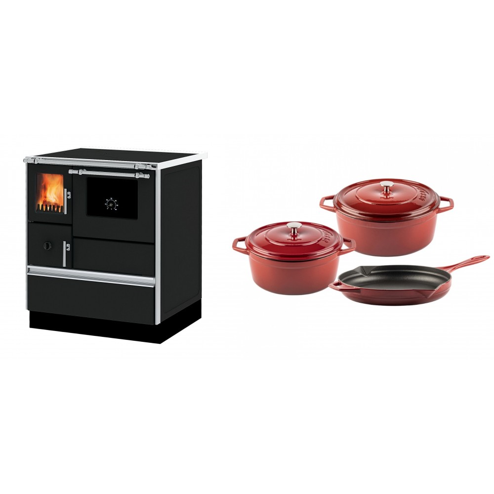 Set Küchenofen Alfa Plam Dominant 70, 6.3kW + Gusseisen Topf Set aus 3 teilen Solagio, Rubin
