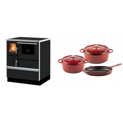 Set Küchenofen Alfa Plam Dominant 70, 6.3kW + Gusseisen Topf Set aus 3 teilen Solagio, Rubin - Kaminofen - Holzofen mit Backfach