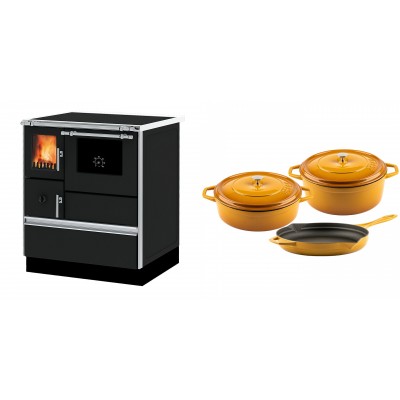 Set Küchenofen Alfa Plam Dominant 70, 6.3kW + Gusseisen Topf Set aus 3 teilen Solagio, Dijon - Kaminofen - Holzofen mit Backfach