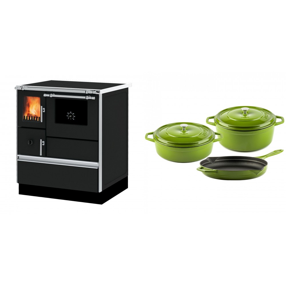 Set Küchenofen Alfa Plam Dominant 70, 6.3kW + Gusseisen Topf Set aus 3 teilen Solagio, Bamboo