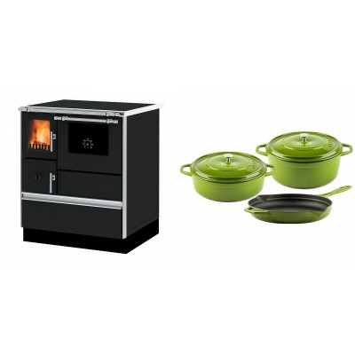 Set Küchenofen Alfa Plam Dominant 70, 6.3kW + Gusseisen Topf Set aus 3 teilen Solagio, Bamboo - Kaminofen - Holzofen mit Backfach