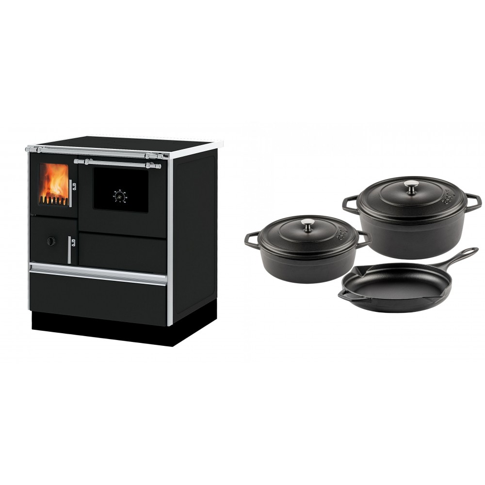 Set Küchenofen Alfa Plam Dominant 70, 6.3kW + Gusseisen Topf Set aus 3 teilen Solagio, Black Onyx