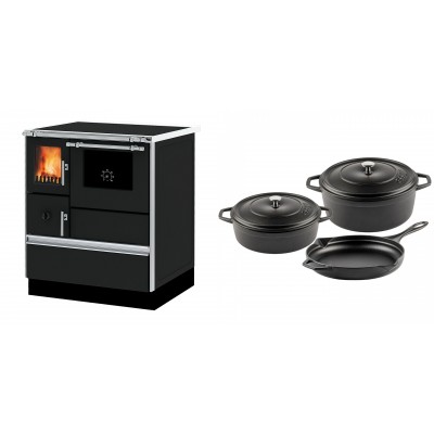 Set Küchenofen Alfa Plam Dominant 70, 6.3kW + Gusseisen Topf Set aus 3 teilen Solagio, Black Onyx - Kaminofen - Holzofen mit Backfach