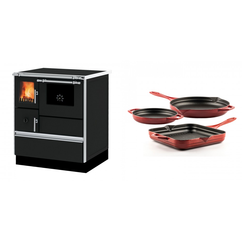 Set Küchenofen Alfa Plam Dominant 70, 6.3kW + Gusseisen Topf Set aus 3 teilen Solagio, Rubin | Kaminofen - Holzofen mit Backfach | Kaminofen |