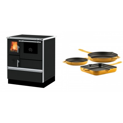 Set Küchenofen Alfa Plam Dominant 70, 6.3kW + Gusseisen Topf Set aus 3 teilen Solagio, Dijon - Kaminofen - Holzofen mit Backfach