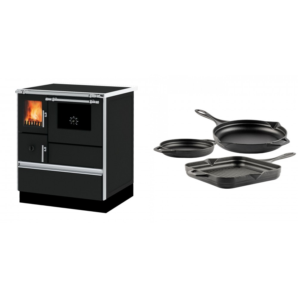 Set Küchenofen Alfa Plam Dominant 70, 6.3kW + Gusseisen Topf Set aus 3 teilen Solagio, Black Onyx