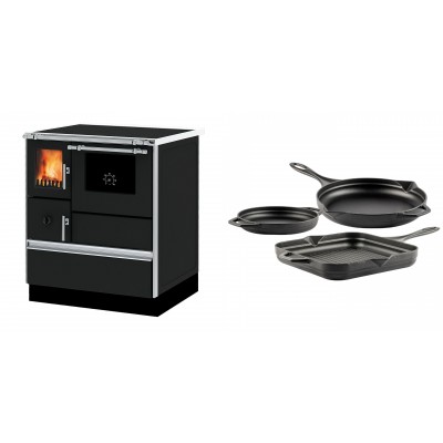 Set Küchenofen Alfa Plam Dominant 70, 6.3kW + Gusseisen Topf Set aus 3 teilen Solagio, Black Onyx - Kaminofen - Holzofen mit Backfach
