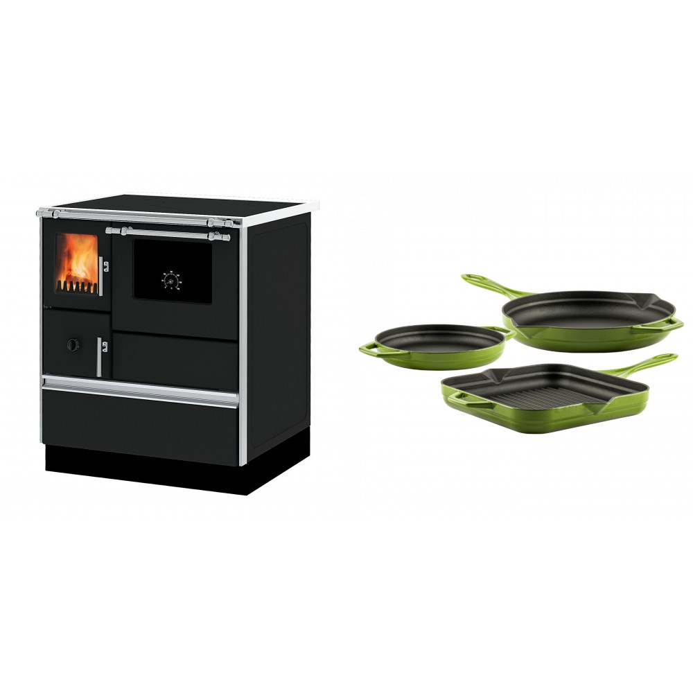 Set Küchenofen Alfa Plam Dominant 70, 6.3kW + Gusseisen Topf Set aus 3 teilen Solagio, Bamboo