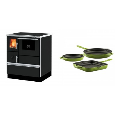 Set Küchenofen Alfa Plam Dominant 70, 6.3kW + Gusseisen Topf Set aus 3 teilen Solagio, Bamboo - Kaminofen - Holzofen mit Backfach