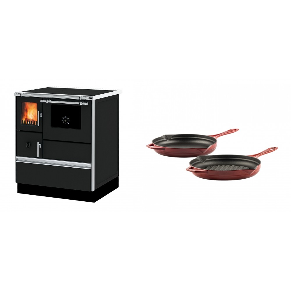 Set Küchenofen Alfa Plam Dominant 70, 6.3kW + Gusseisen Topf Set aus 2 teilen Solagio, Rubin | Kaminofen - Holzofen mit Backfach | Kaminofen |