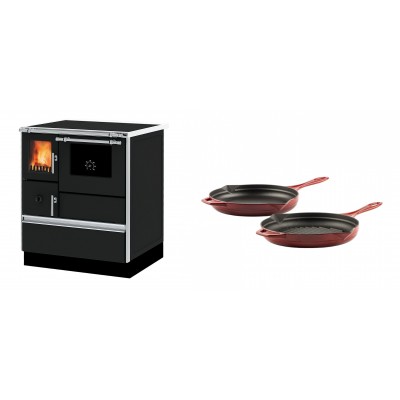 Set Küchenofen Alfa Plam Dominant 70, 6.3kW + Gusseisen Topf Set aus 2 teilen Solagio, Rubin - Kaminofen - Holzofen mit Backfach
