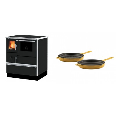 Set Küchenofen Alfa Plam Dominant 70, 6.3kW + Gusseisen Topf Set aus 2 teilen Solagio, Dijon - Kaminofen - Holzofen mit Backfach