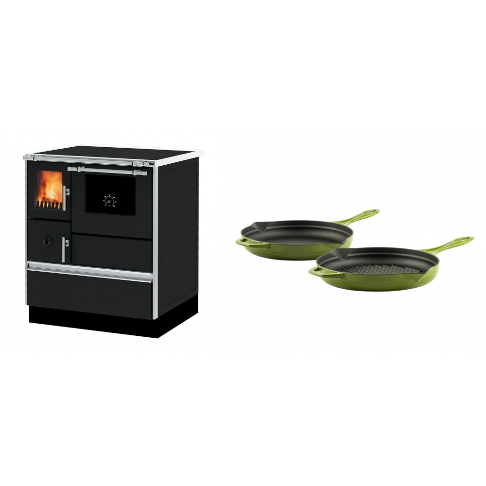 Set Küchenofen Alfa Plam Dominant 70, 6.3kW + Gusseisen Topf Set aus 2 teilen Solagio, Bamboo