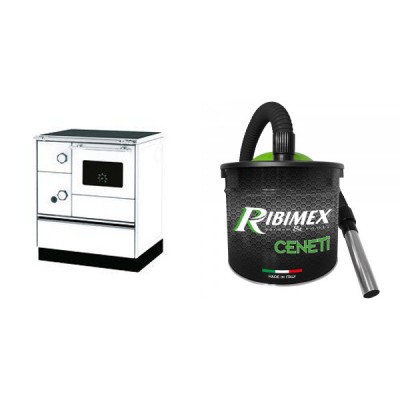 Set Küchenofen Alfa Plam Alfa 70 Favorit, 6kW + Elektrischer Aschesauger Ribimex, Modell Cenetì, Fassungsvermögen 15 L - Kaminofen - Holzofen mit Backfach