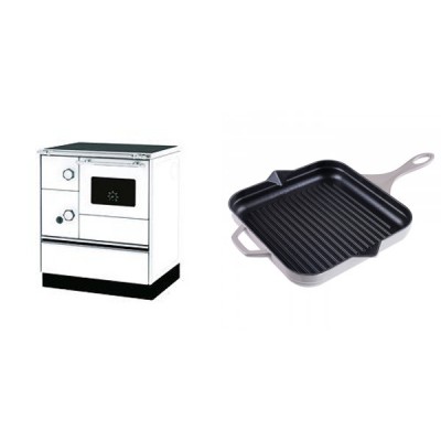 Set Küchenofen Alfa Plam Alfa 70 Favorit, 6kW + Emaillierte grillpfanne Gusseisen Solagio, Ivory, 28x28cm - Kaminofen - Holzofen mit Backfach