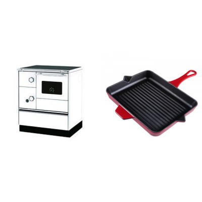 Set Küchenofen Alfa Plam Alfa 70 Favorit, 6kW + Emaillierte grillpfanne Gusseisen Solagio, Rubin, 26x32cm - Kaminofen - Holzofen mit Backfach
