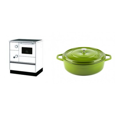 Set Küchenofen Alfa Plam Alfa 70 Favorit, 6kW + Gusseisen Topf Flach Solagio, Bamboo, Ф28 - Kaminofen - Holzofen mit Backfach