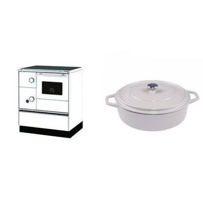 Set Küchenofen Alfa Plam Alfa 70 Favorit, 6kW + Gusseisen Topf Flach Solagio, Ivory, Ф28 - Kaminofen - Holzofen mit Backfach