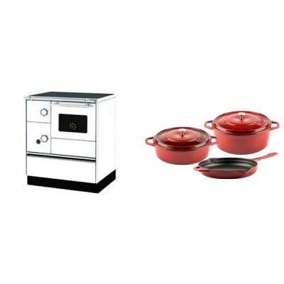 Set Küchenofen Alfa Plam Alfa 70 Favorit, 6kW + Gusseisen Topf Set aus 3 teilen Solagio, Rubin - Kaminofen - Holzofen mit Backfach