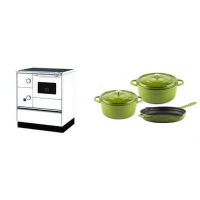 Set Küchenofen Alfa Plam Alfa 70 Favorit, 6kW + Gusseisen Topf Set aus 3 teilen Solagio, Bamboo - Kaminofen - Holzofen mit Backfach