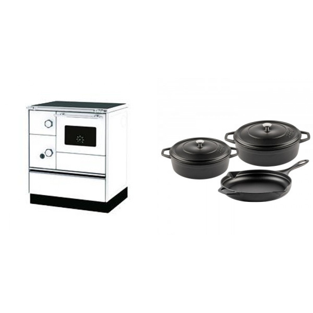 Set Küchenofen Alfa Plam Alfa 70 Favorit, 6kW + Gusseisen Topf Set aus 3 teilen Solagio, Black Onyx | Kaminofen - Holzofen mit Backfach | Kaminofen |