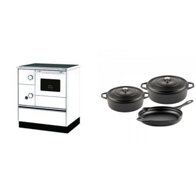 Set Küchenofen Alfa Plam Alfa 70 Favorit, 6kW + Gusseisen Topf Set aus 3 teilen Solagio, Black Onyx - Kaminofen - Holzofen mit Backfach