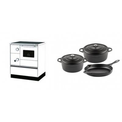 Set Küchenofen Alfa Plam Alfa 70 Favorit, 6kW + Gusseisen Topf Set aus 3 teilen Solagio, Black Onyx - Kaminofen - Holzofen mit Backfach