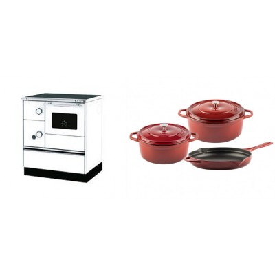 Set Küchenofen Alfa Plam Alfa 70 Favorit, 6kW + Gusseisen Topf Set aus 3 teilen Solagio, Rubin - Kaminofen - Holzofen mit Backfach
