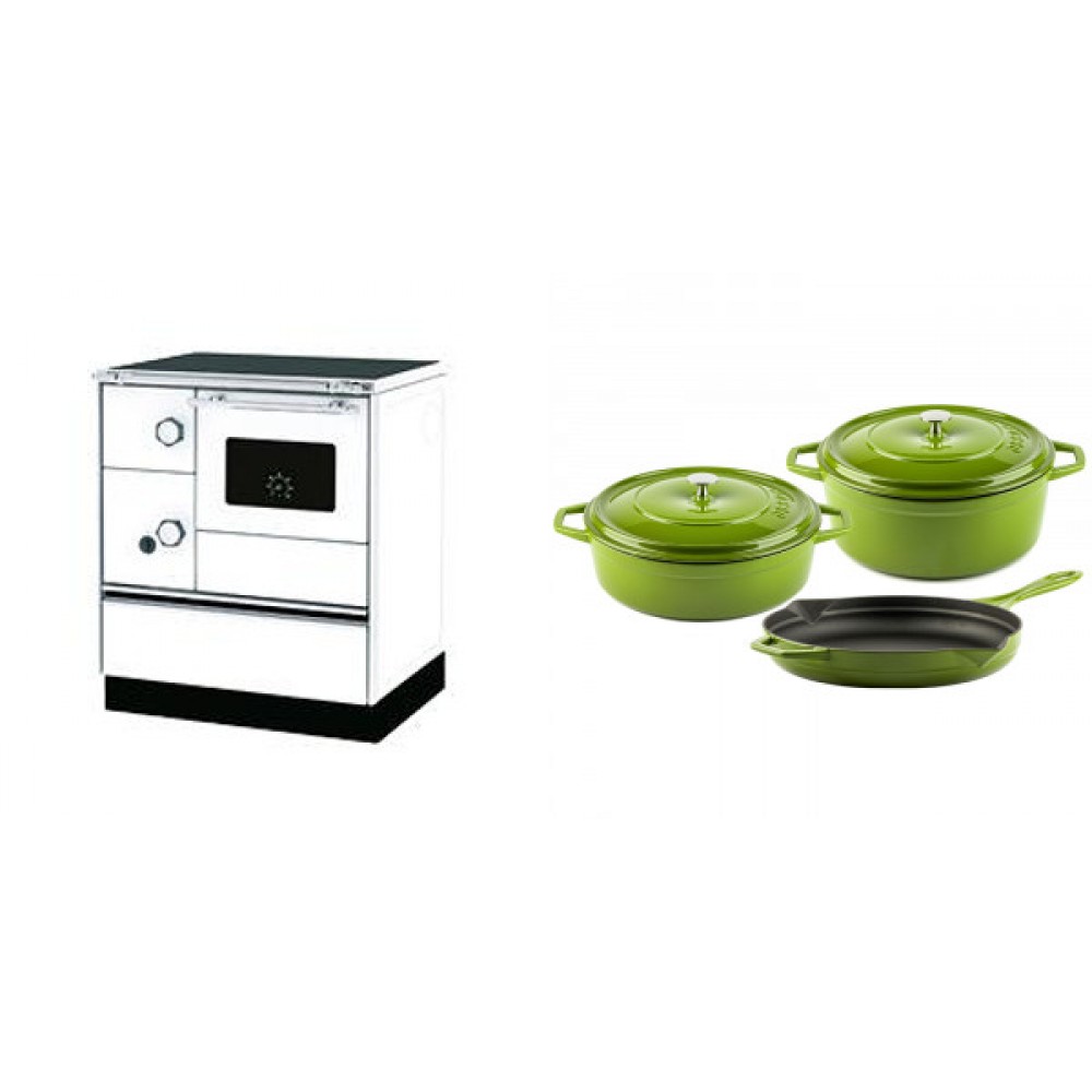 Set Küchenofen Alfa Plam Alfa 70 Favorit, 6kW + Gusseisen Topf Set aus 3 teilen Solagio, Bamboo | Kaminofen - Holzofen mit Backfach | Kaminofen |