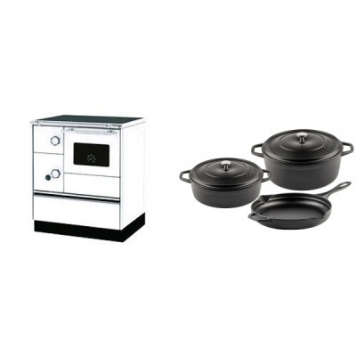 Set Küchenofen Alfa Plam Alfa 70 Favorit, 6kW + Gusseisen Topf Set aus 3 teilen Solagio, Black Onyx - Kaminofen - Holzofen mit Backfach