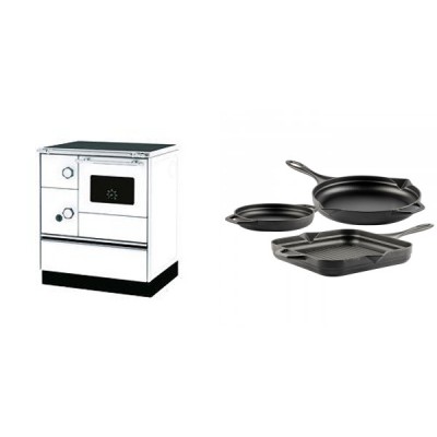 Set Küchenofen Alfa Plam Alfa 70 Favorit, 6kW + Gusseisen Topf Set aus 3 teilen Solagio, Black Onyx - Kaminofen - Holzofen mit Backfach