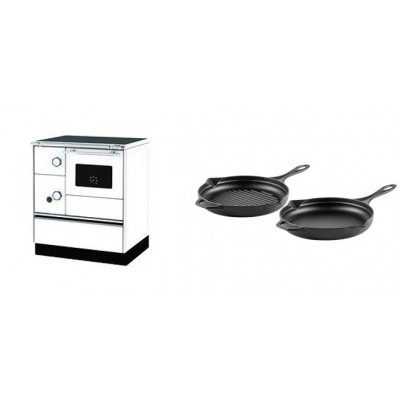 Set Küchenofen Alfa Plam Alfa 70 Favorit, 6kW + Gusseisen Topf Set aus 2 teilen Solagio, Black Onyx - Kaminofen - Holzofen mit Backfach