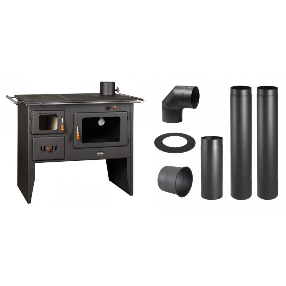 Set Küchenofen / Küchenhexe Prity mit Backofen und Kochplatte, Modell Prity 2P41, Leistung 15.2kW + Schornstein Bausatz PARKANEX, Stahl Ø130, Dicke 2mm