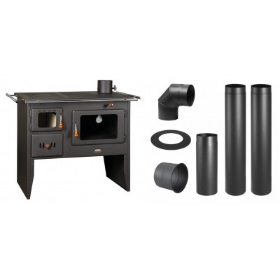 Set Küchenofen / Küchenhexe Prity mit Backofen und Kochplatte, Modell Prity 2P41, Leistung 15.2kW + Schornstein Bausatz PARKANEX, Stahl Ø130, Dicke 2mm - Kaminofen - Holzofen mit Backfach