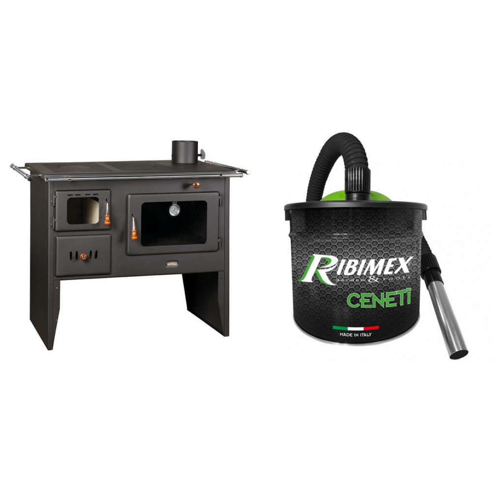 Set Küchenofen / Küchenhexe Prity mit Backofen und Kochplatte, Modell Prity 2P41, Leistung 15.2kW + Elektrischer Aschesauger Ribimex, Modell Cenetì, Fassungsvermögen 15 L | Küchenofen / Küchenhexe Prity | Kaminofen |