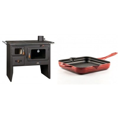 Set Küchenofen / Küchenhexe Prity mit Backofen und Kochplatte, Modell Prity 2P41, Leistung 15.2kW + Emaillierte grillpfanne Gusseisen Solagio, Rubin, 28x28cm - Kaminofen - Holzofen mit Backfach