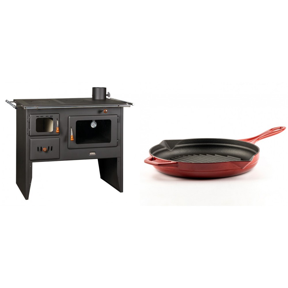 Set Küchenofen / Küchenhexe Prity mit Backofen und Kochplatte, Modell Prity 2P41, Leistung 15.2kW + Emaillierte grillpfanne Gusseisen Solagio, Rubin, Ф28cm | Kaminofen - Holzofen mit Backfach | Kaminofen |