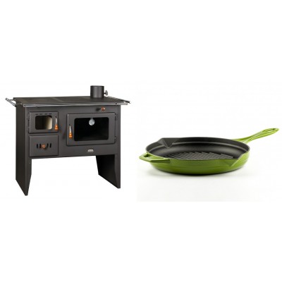 Set Küchenofen / Küchenhexe Prity mit Backofen und Kochplatte, Modell Prity 2P41, Leistung 15.2kW + Emaillierte grillpfanne Gusseisen Solagio, Bamboo, Ф28cm - Kaminofen - Holzofen mit Backfach