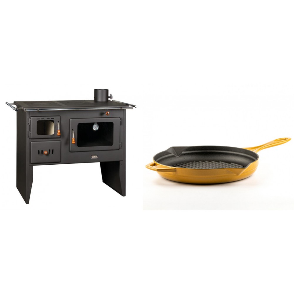 Set Küchenofen / Küchenhexe Prity mit Backofen und Kochplatte, Modell Prity 2P41, Leistung 15.2kW + Emaillierte grillpfanne Gusseisen Solagio, Dijon, Ф28cm | Kaminofen - Holzofen mit Backfach | Kaminofen |