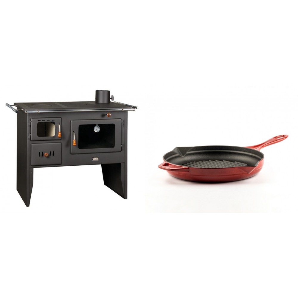 Set Küchenofen / Küchenhexe Prity mit Backofen und Kochplatte, Modell Prity 2P41, Leistung 15.2kW + Emaillierte grillpfanne Gusseisen Solagio, Rubin, Ф24cm | Kaminofen - Holzofen mit Backfach | Kaminofen |