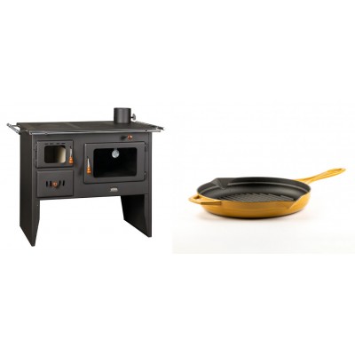 Set Küchenofen / Küchenhexe Prity mit Backofen und Kochplatte, Modell Prity 2P41, Leistung 15.2kW + Emaillierte grillpfanne Gusseisen Solagio, Dijon, Ф24cm - Kaminofen - Holzofen mit Backfach