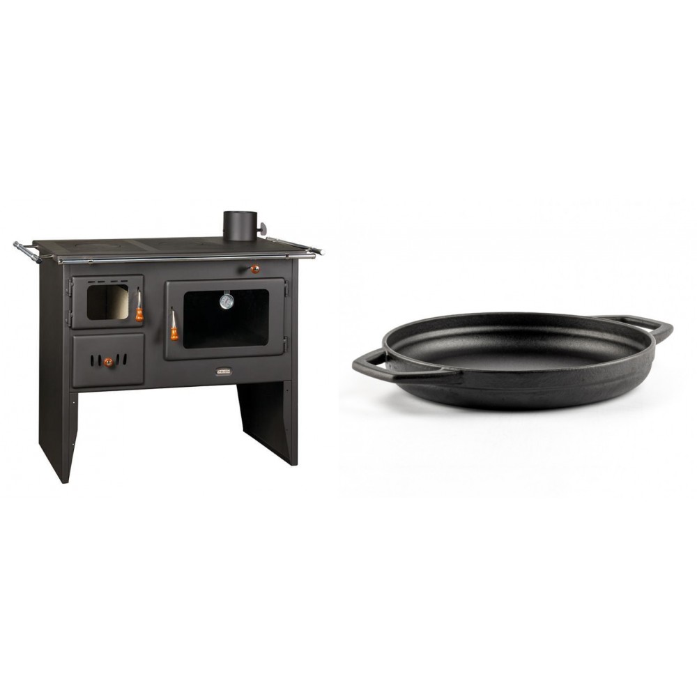 Set Küchenofen / Küchenhexe Prity mit Backofen und Kochplatte, Modell Prity 2P41, Leistung 15.2kW + Emaillierte gusseisenpfanne mit zwei Griffen Solagio, Black Onyx, Ф22cm | Kaminofen - Holzofen mit Backfach | Kaminofen |
