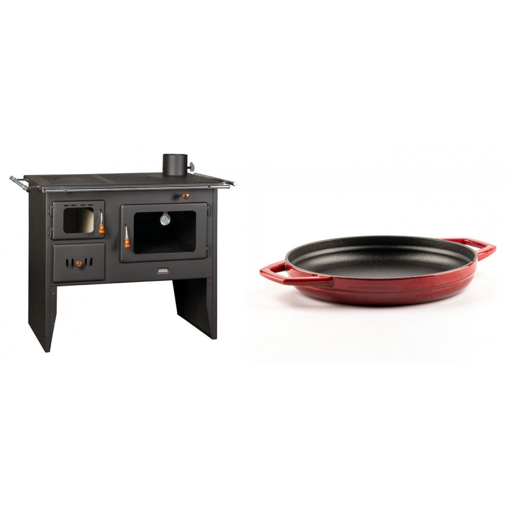Set Küchenofen / Küchenhexe Prity mit Backofen und Kochplatte, Modell Prity 2P41, Leistung 15.2kW + Emaillierte gusseisenpfanne mit zwei Griffen Solagio, Rubin, Ф22cm | Kaminofen - Holzofen mit Backfach | Kaminofen |