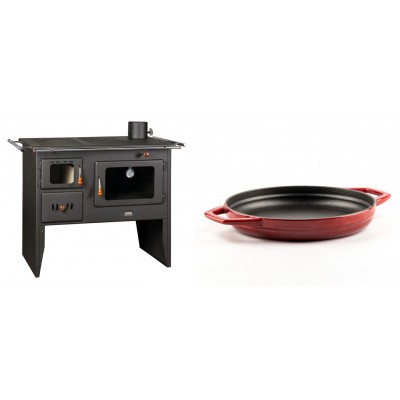 Set Küchenofen / Küchenhexe Prity mit Backofen und Kochplatte, Modell Prity 2P41, Leistung 15.2kW + Emaillierte gusseisenpfanne mit zwei Griffen Solagio, Rubin, Ф22cm - Kaminofen - Holzofen mit Backfach