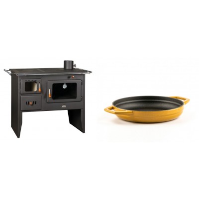 Set Küchenofen / Küchenhexe Prity mit Backofen und Kochplatte, Modell Prity 2P41, Leistung 15.2kW + Emaillierte gusseisenpfanne mit zwei Griffen Solagio, Dijon, Ф19cm - Kaminofen - Holzofen mit Backfach