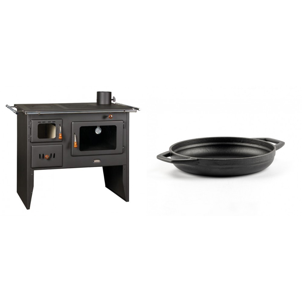 Set Küchenofen / Küchenhexe Prity mit Backofen und Kochplatte, Modell Prity 2P41, Leistung 15.2kW + Emaillierte gusseisenpfanne mit zwei Griffen Solagio, Black Onyx, Ф19cm | Kaminofen - Holzofen mit Backfach | Kaminofen |